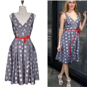 RARE Anthro Eva Franco Abigail Metallic Silver Polka Dot Tie Waist Bow Dress - 2